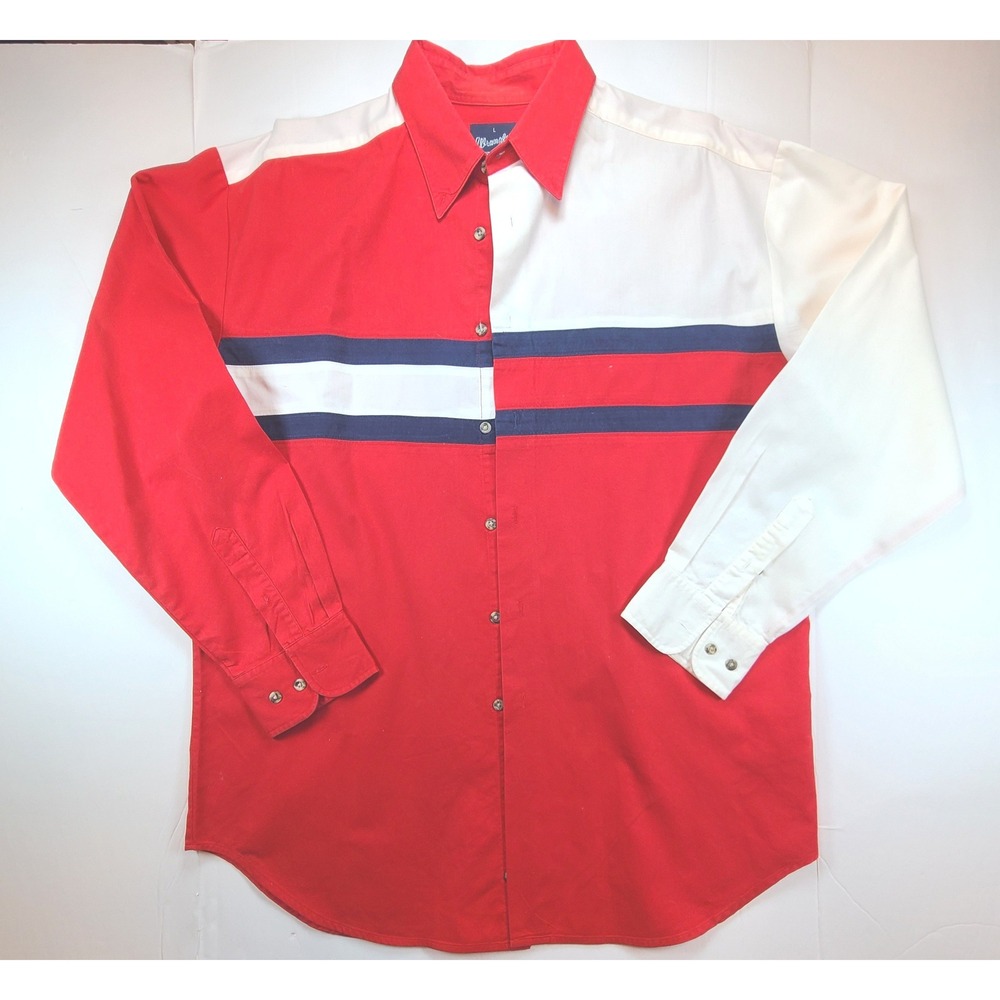 Vintage Wrangler Western Shirt Mens Large 16.5 Red White Blue Colorblock Cotton‎
